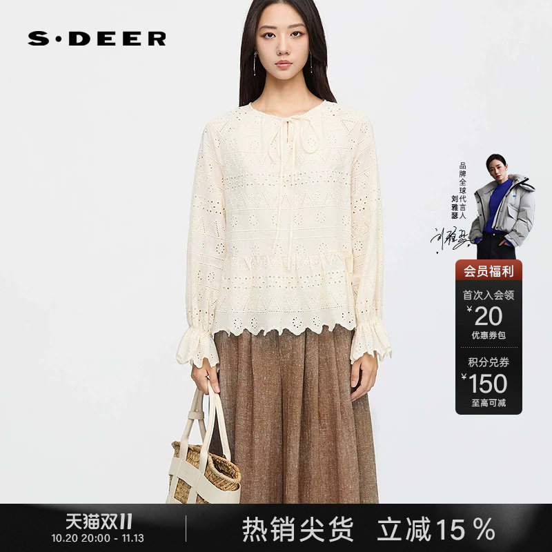 sdeer圣迪奥女装秋装度假风圆领系带镂空绣花上衣S253Z3202