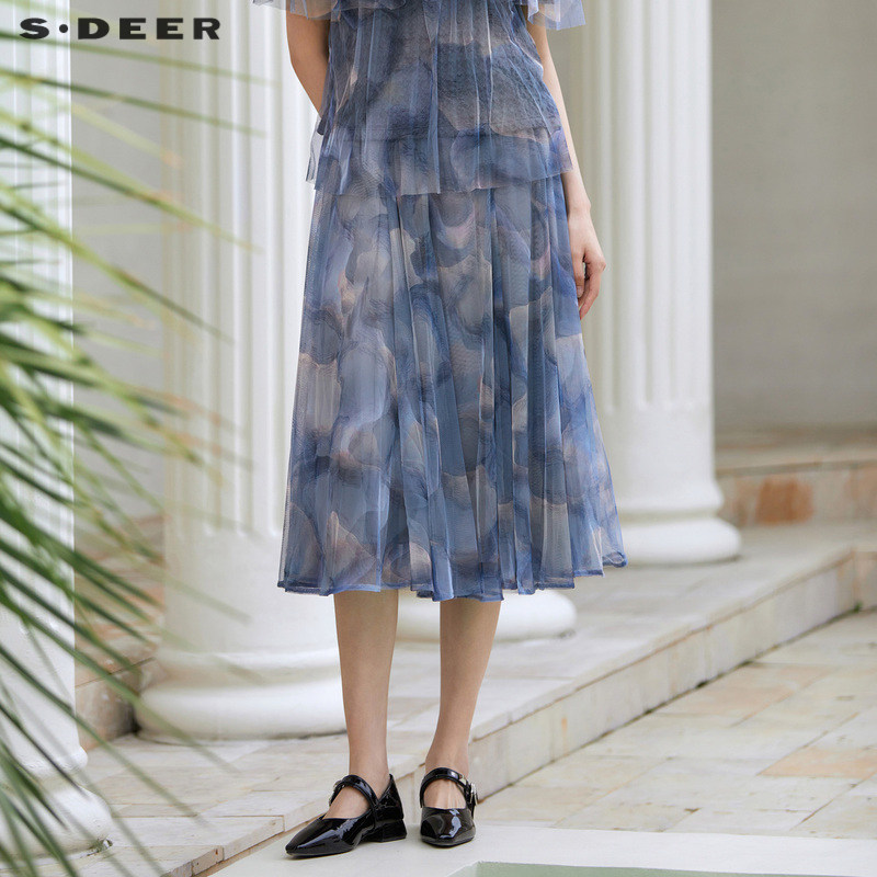 sdeer圣迪奥女装夏装半身裙松紧碎褶晕染网纱a字伞裙s222z1179