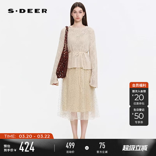 sdeer圣迪奥女装春秋装复古圆领网纱针织衫连衣裙套装S253Z1411