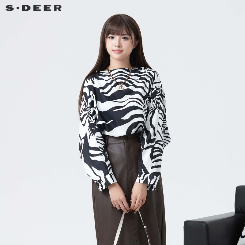s.deer时尚圆领斑马纹长衬衫