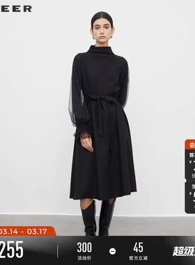 sdeer圣迪奥春秋装女装高领收腰网纱拼接花边连衣裙S233D1215