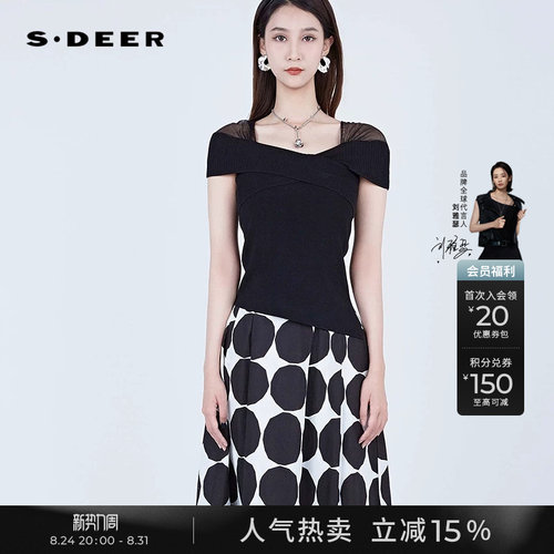 sdeer交叉拼接网纱不规则针织衫
