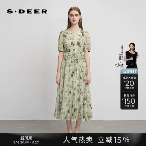 s.deer小清新印花收腰短袖连衣裙