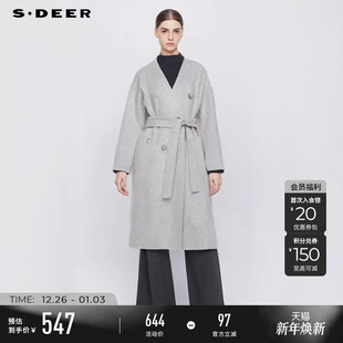 sdeer圣迪奥冬装 OL风V领双排扣收腰双面呢大衣S244Z2501 女装