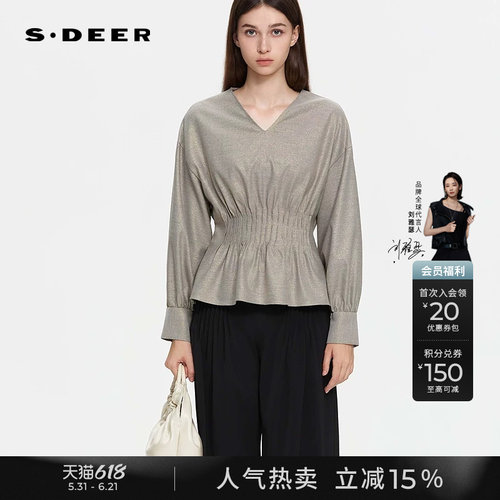 sdeerOL风V领压褶落肩袖衬衫