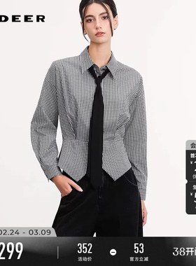 sdeer圣迪奥女装26年新品学院风翻领系带格纹不规则衬衫S261Z0504