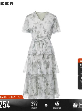 sdeer圣迪奥夏装女装V领印花收腰网纱泡泡袖连衣裙S242Z12H3