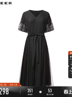 sdeer圣迪奥女装V领绣花网纱收腰泡泡袖连衣裙S242Z12F2