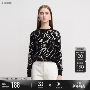 sdeer圣迪奥春2025秋装 S241Z3518 罗纹圆领撞色印花宽松针织衫