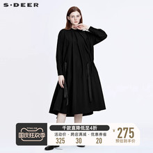 sdeer圣迪奥女装圆领收腰飘带不规则黑色连衣裙S22161219