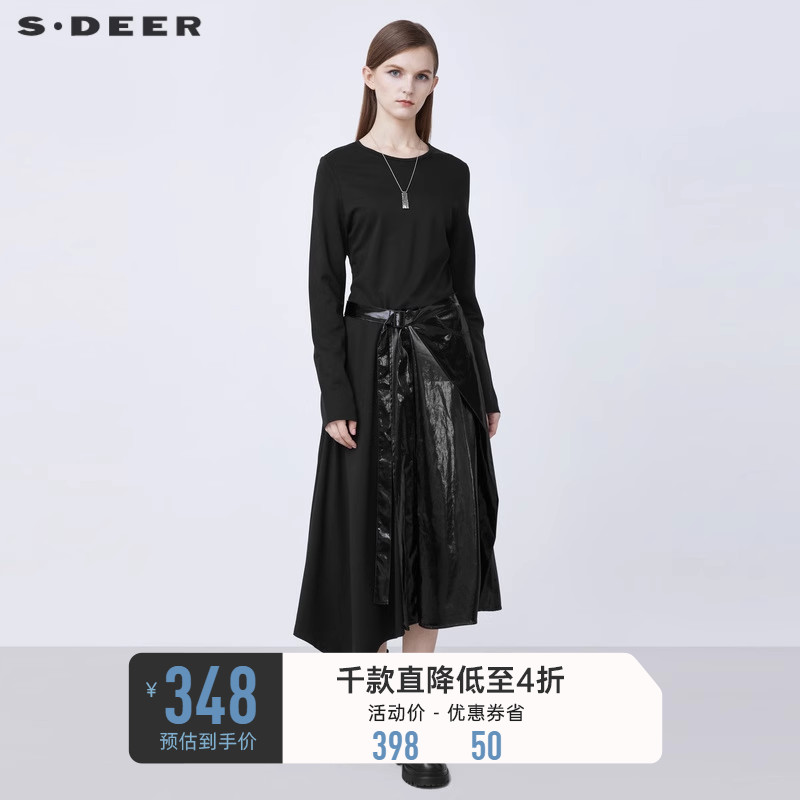 sdeer圣迪奥秋冬休闲圆领收腰不规则拼接连衣裙S21481211