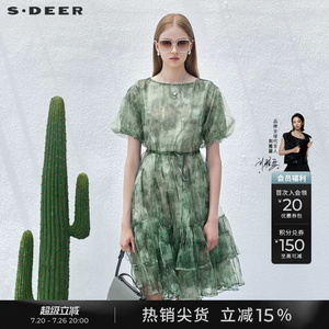 sdeer圣迪奥女装淡人穿搭圆领晕染收腰网纱短袖连衣裙S232Z12R8