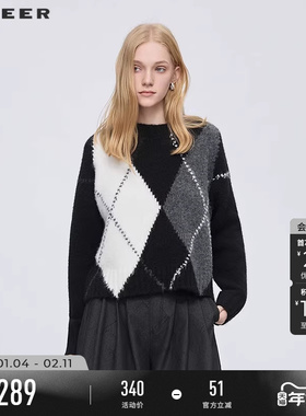 sdeer圣迪奥女装25年新品罗纹圆领撞色设计宽松针织衫S254Z3501