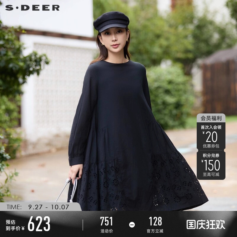 s.deer碎褶绣花不规则宽松连衣裙