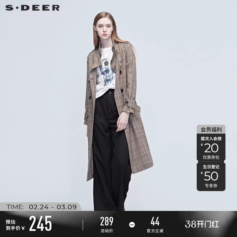 sdeer圣迪奥女装春秋装时尚格纹拼接收腰长款风衣外套S20381820