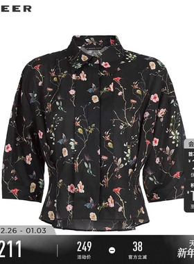 sdeer圣迪奥女装25年新品田园风翻领印花压褶中袖衬衫S252Z0412