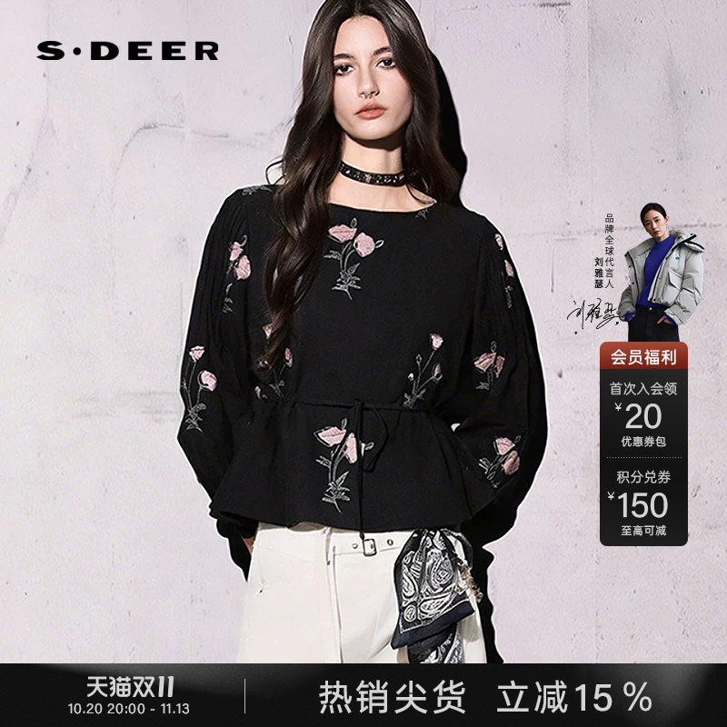 sdeer圣迪奥女装春秋装复古圆领绣花收腰长袖衬衫S253Z0584