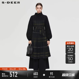立领风琴褶收腰格纹大衣式 羽绒服S234Z2430 女装 sdeer圣迪奥冬季