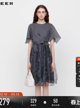 sdeer圣迪奥圆领收腰碎花网纱短袖连衣裙S242Z12F4