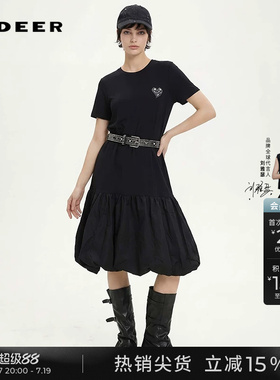 sdeer圣迪奥夏季女装圆领心形碎褶拼接短袖黑色连衣裙女S252Z1221