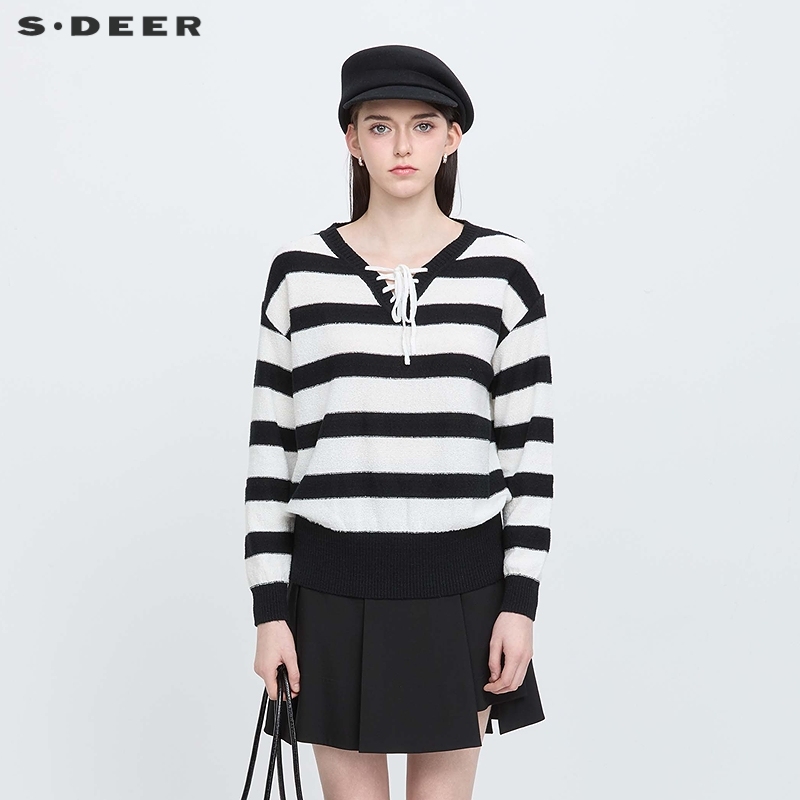 V领系带 细腻针织 撞色条纹