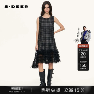 sdeer圣迪奥女装26秋新款圆领撞色印花网纱无袖连衣裙S263Z1209