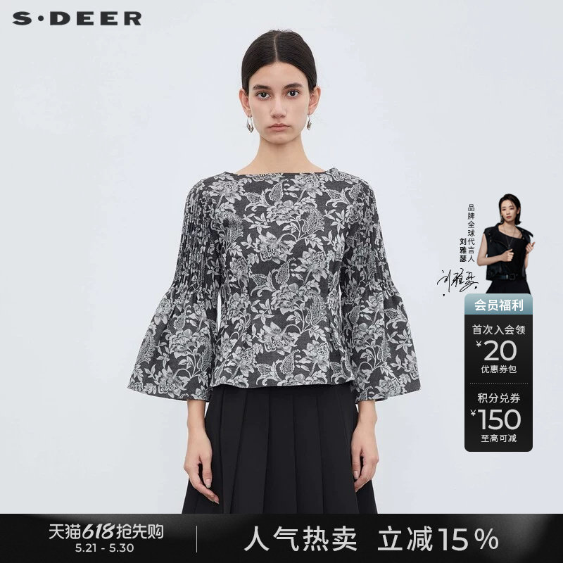 sdeer圣迪奥女装春秋装复古方领印花压褶喇叭袖衬衫S233Z0