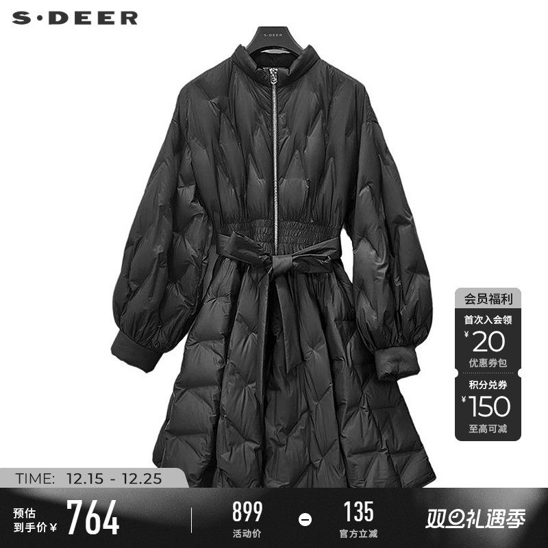 sdeer立领收腰宽松长款羽绒服