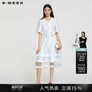 sdeer圣迪奥夏季女装V领收腰网纱泡泡袖连衣裙S232Z1205