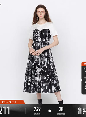 sdeer圣迪奥夏季女装圆领晕染收腰撞色短袖连衣裙S242Z12M7