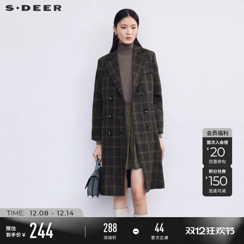 sdeer西装领双排扣格纹毛呢大衣