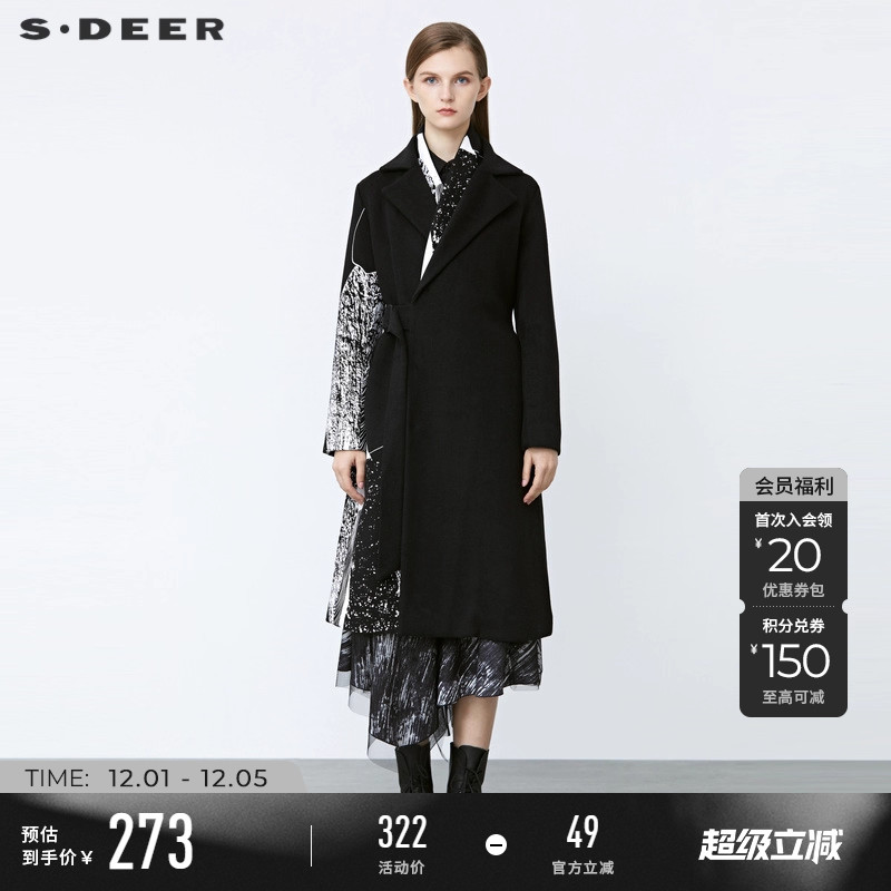 sdeer翻领印花收腰长款毛呢大衣