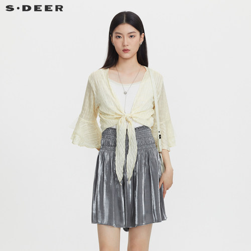 s.deer法式慵懒收腰网纱开衫披肩