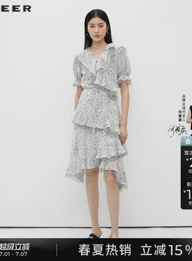 sdeer圣迪奥夏季女V领不对称荷叶边碎花收腰网纱连衣裙S232Z12J8