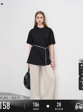 sdeer圣迪奥夏季女装淡人穿搭抽绳松紧碎褶垂坠直筒长裤S242Z0806