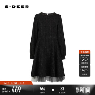 sdeer圣迪奥女装 OL风圆领格纹网纱拼接连衣裙S261Z1216 26年春新品