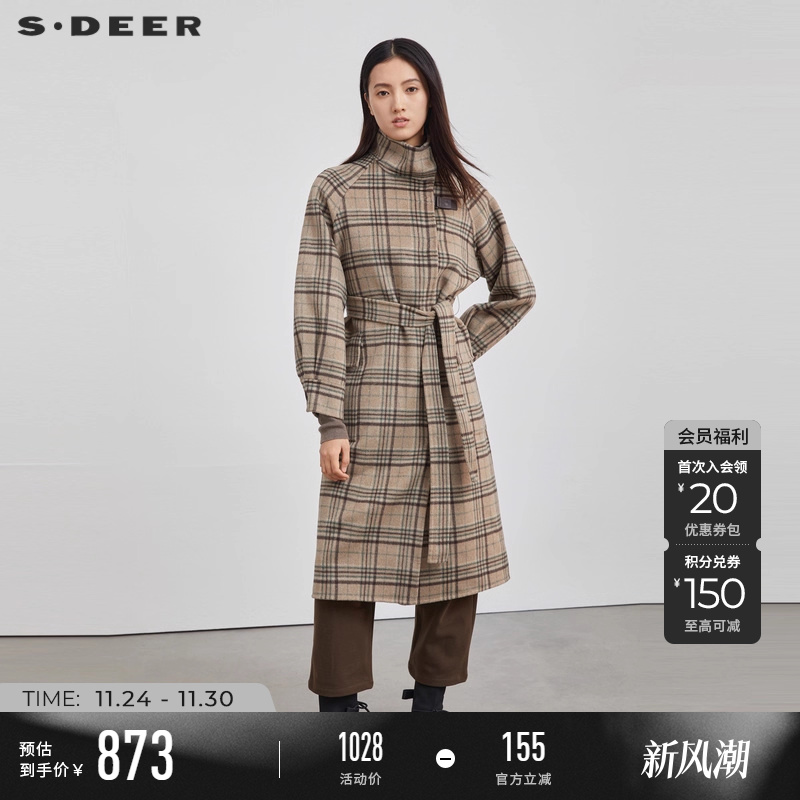 sdeer复古立领格纹收腰毛呢大衣