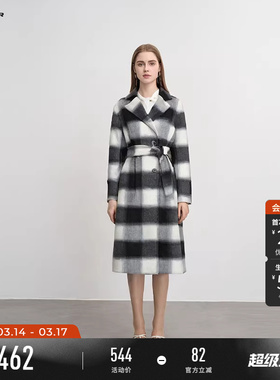 sdeer圣迪奥冬季女装西装领格纹收腰双面呢长款大衣S234Z2510