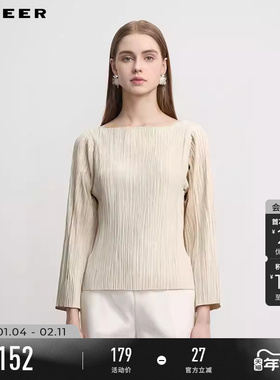 sdeer圣迪奥女装25年新品时尚圆领肌理褶皱长袖T恤S251Z0201