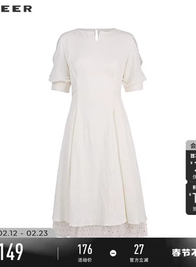 sdeer圣迪奥女装V领网纱拼接短袖连衣裙S223Z122W