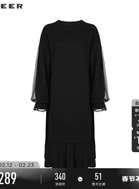 sdeer圣迪奥春装女装时尚圆领网纱拼接宽松连衣裙S241Z1224
