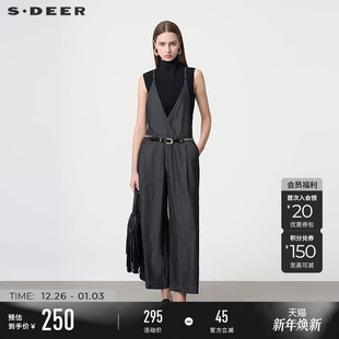 优雅压褶牛仔阔腿背带裤 法式 S24281003 女装 sdeer圣迪奥夏季