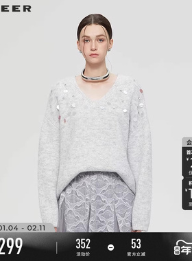 sdeer圣迪奥女装25年新品罗纹V领亮片落肩袖宽松针织衫S254Z3507