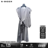 sdeer圣迪奥女装 圆领条纹收腰拼接短袖 连衣裙S223Z124Q