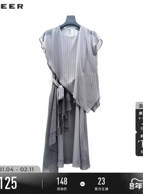 sdeer圣迪奥女装圆领条纹收腰拼接短袖连衣裙S223Z124Q
