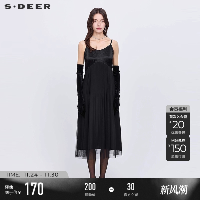 s.deer网纱拼接黑色吊带连衣裙