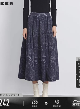 sdeer圣迪奥春秋装女装复古印花碎褶不规则A字半身裙S233Z1146