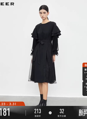 sdeer圣迪奥春秋装女装圆领收腰网纱雪纺荷叶边连衣裙S233Z12G6