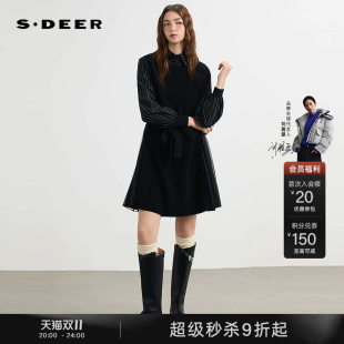 sdeer圣迪奥女装秋冬装OL风翻领撞色条纹收腰假两件网纱连衣裙