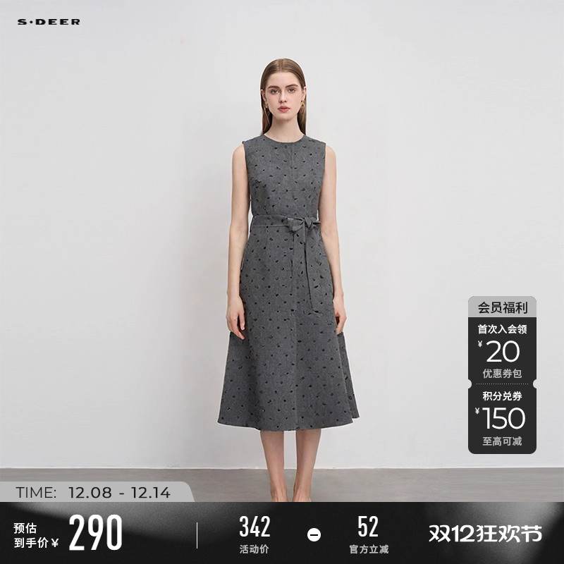 sdeer收腰波点毛呢无袖连衣裙
